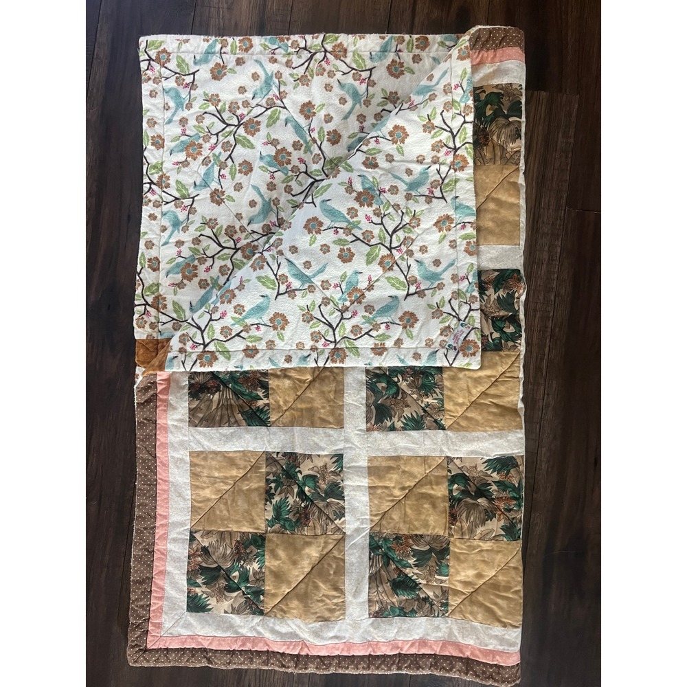 Handmade Reversible Patchwork Quilt Tropical Bird Floral Brown Pink 48"x36"